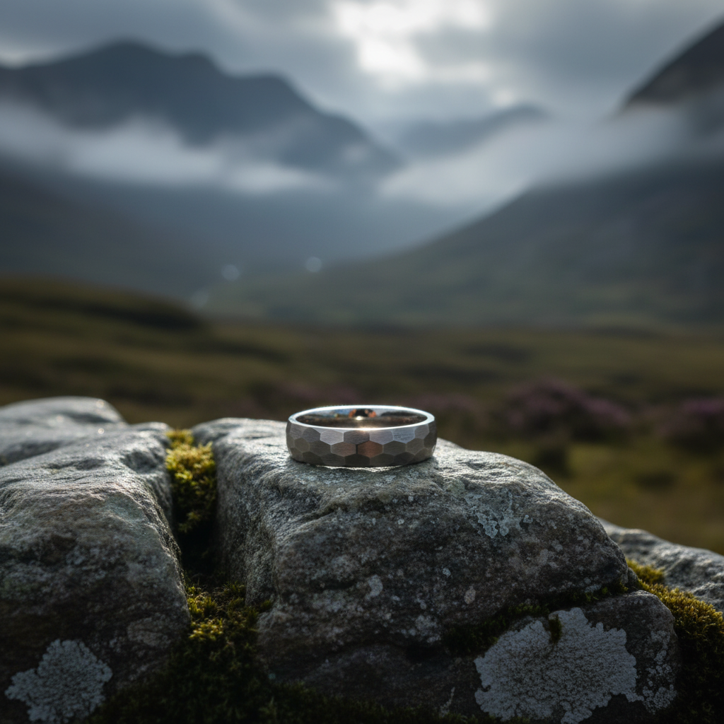 6mm hammered titanium men's ring by Forge and Lumber in gray finish, available in sizes UK K/L/M