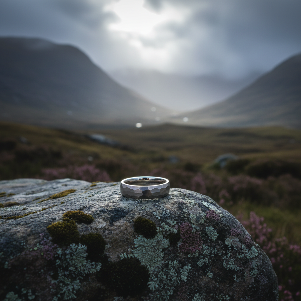 6mm hammered titanium ring in comfort fit, by Forge and Lumber, available in sizes UK K to M