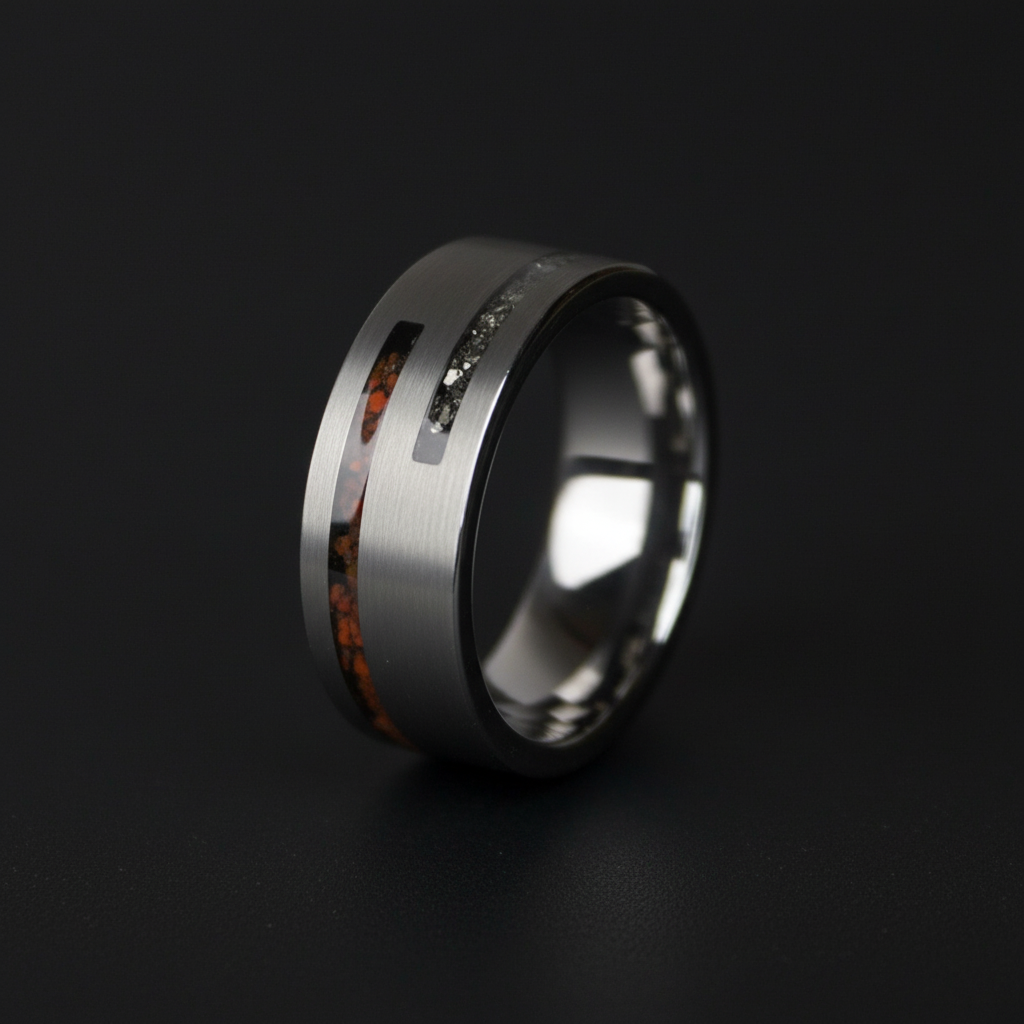 Forge and Lumber The Impact 8mm ring featuring polished titanium and a cosmic dinosaur bone inlay.