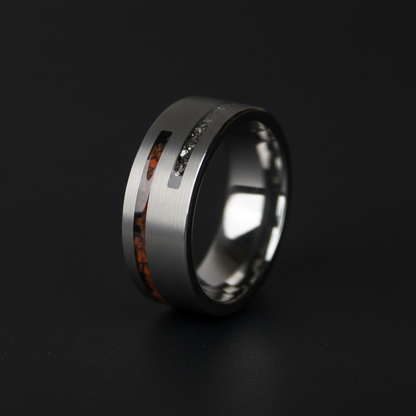 Forge and Lumber The Impact 8mm ring featuring polished titanium and a cosmic dinosaur bone inlay.