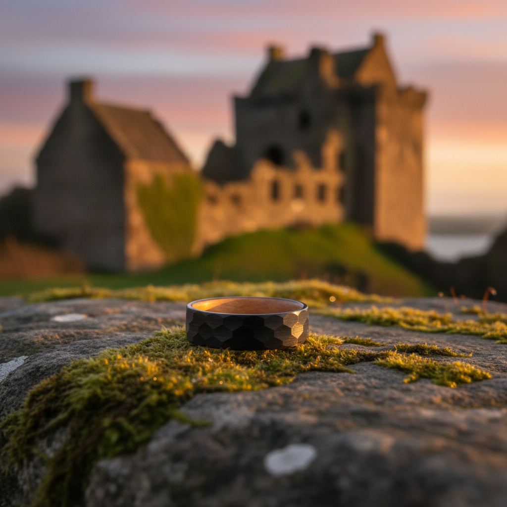 The Iona ring by Forge and Lumber, black 8mm engravable ring on mossy stone.