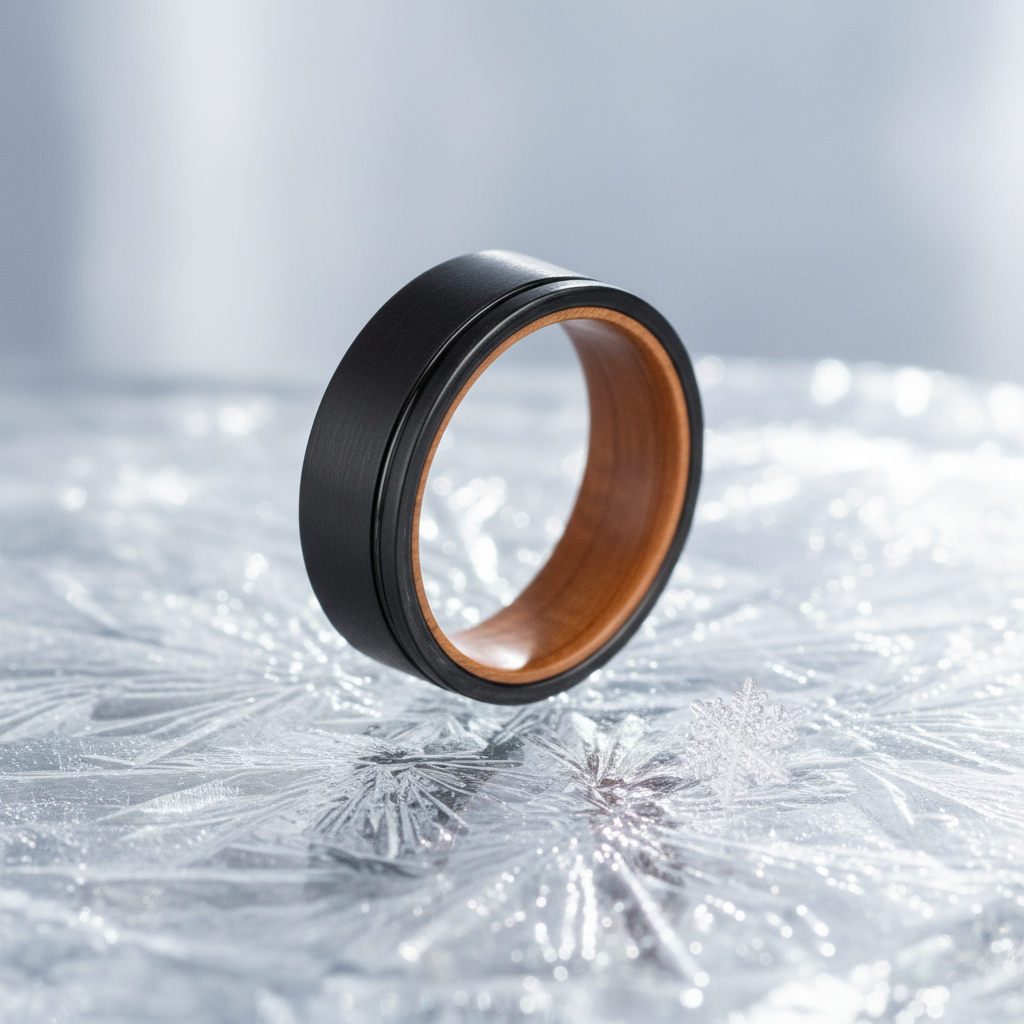 Black brushed 8mm barrel ring with wooden interior by Forge and Lumber. Available in sizes UK M, N, and O.