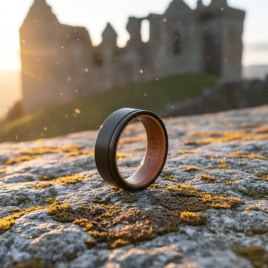 Forge & Lumber Islay 8mm ring. Black brushed barrel band on mossy stone ruins at sunset.
