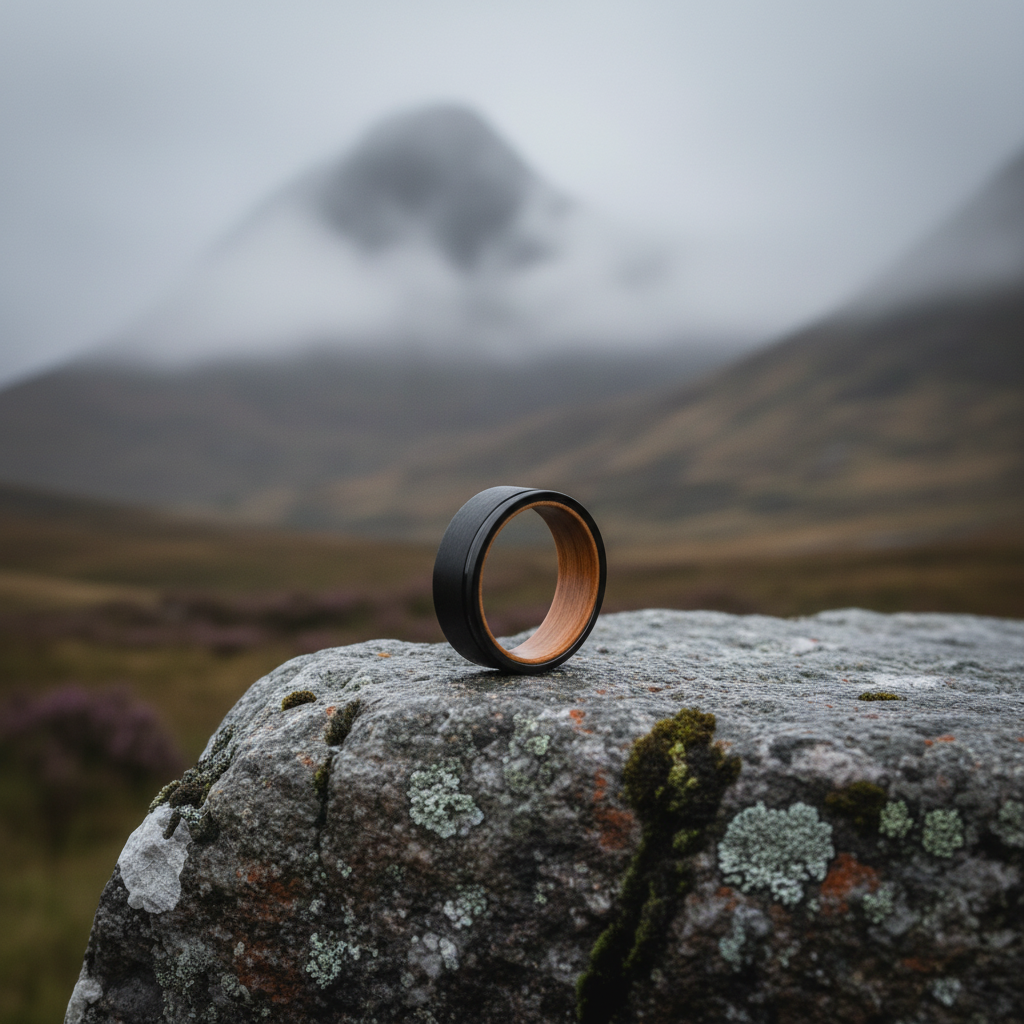 Black brushed barrel ring, 8mm width, from Forge and Lumber, set against a natural landscape.
