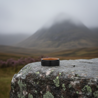 Black brushed 8mm barrel ring with wood inlay by Forge and Lumber, displayed on a rocky surface.