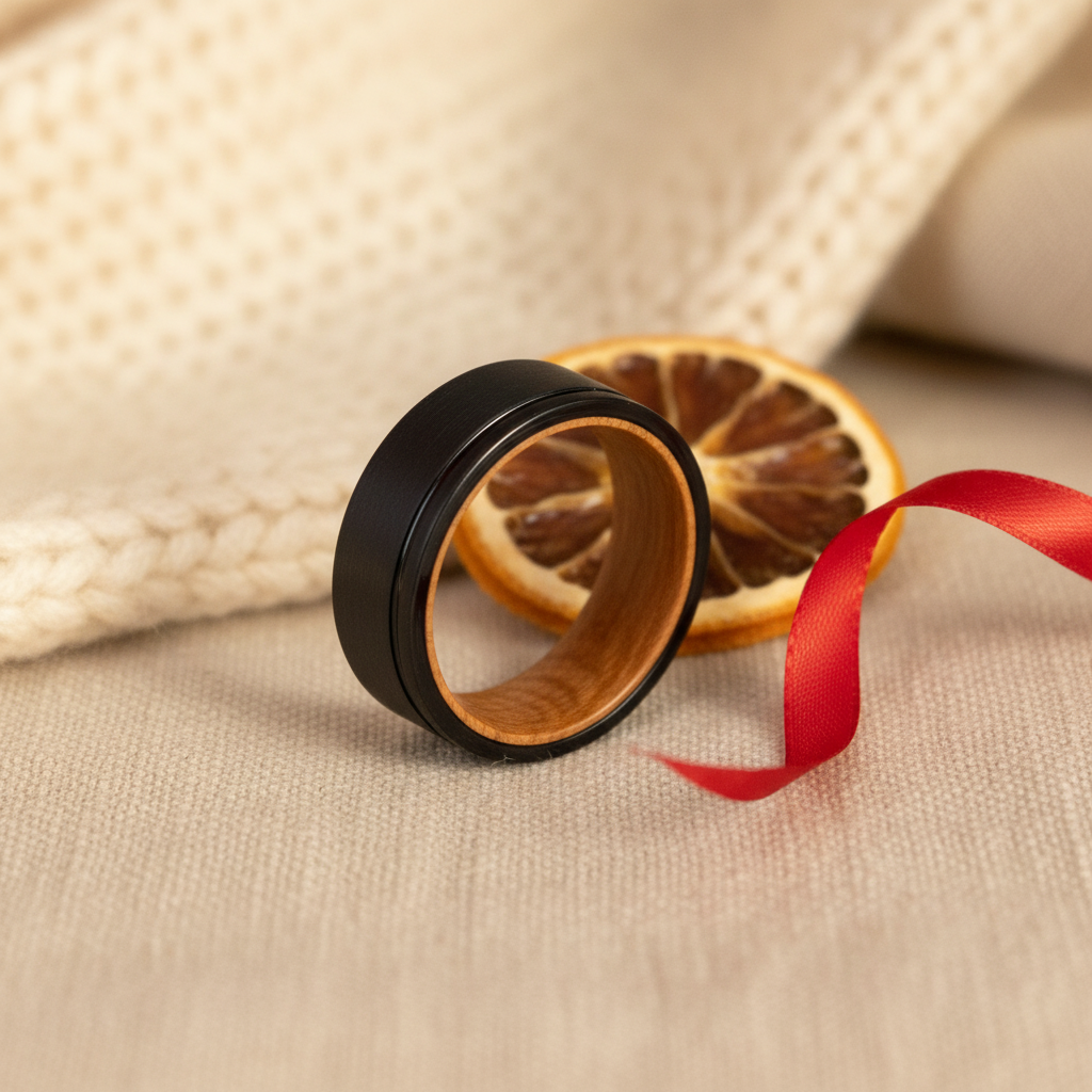 Black brushed barrel ring with 8mm width and wood interior by Forge and Lumber, displayed on a textured fabric background.