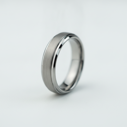 The Keystone 6mm tungsten ring with bevelled edges, shown close up