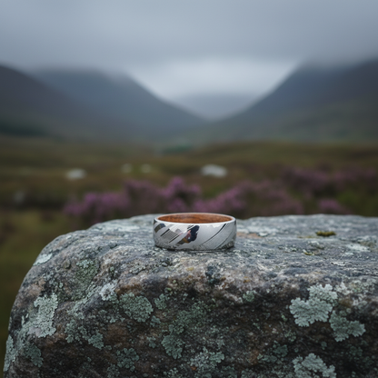 Artisan Damascus ring by Forge and Lumber, engravable, featuring 8mm width and unique swirling patterns.