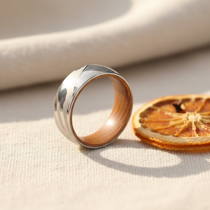 Damascus steel ring with wood inlay, artisan design, engravable, by Forge and Lumber. Size UK M / US 6.