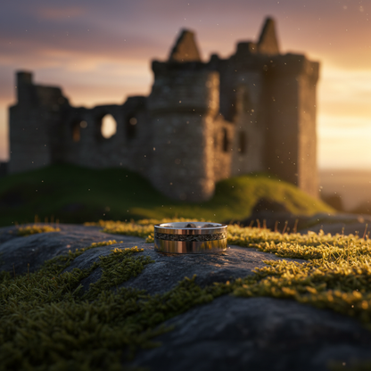 Forge & Lumber Matariki 8mm ring on moss. Scottish castle ruins, sunset. Anniversary, wedding ring.