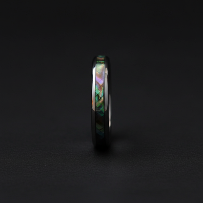 4mm black and iridescent band ring, engravable, by Forge and Lumber, sizes UK I to K.