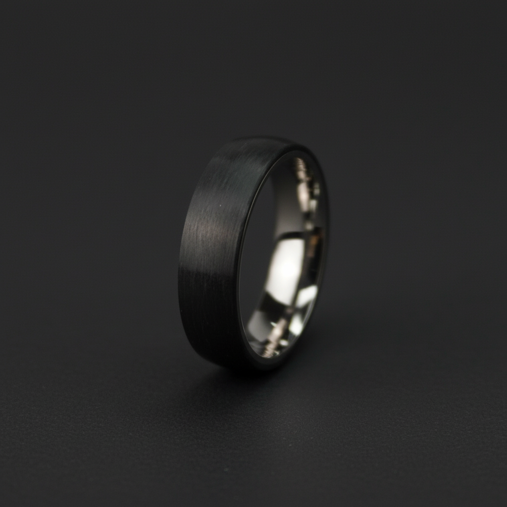 Black carbon fiber ring with a brushed finish, 6mm wide, by Forge and Lumber, engravable for special occasions.