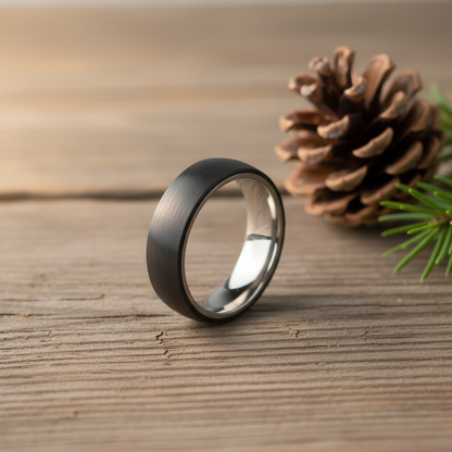 Black 6mm carbon fiber ring by Forge and Lumber, featuring a smooth finish and sleek design, ideal for engraving.