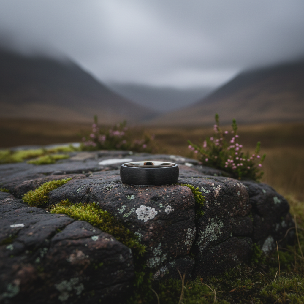 Black 6mm aerospace grade carbon fiber ring by Forge and Lumber, engravable, set on a mossy stone.