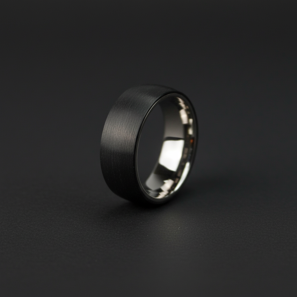 Black 8mm matte carbon fiber ring by Forge and Lumber, engravable, featuring a sleek design suitable for special occasions.