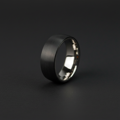 Black 8mm matte carbon fiber ring by Forge and Lumber, engravable, featuring a sleek design suitable for special occasions.