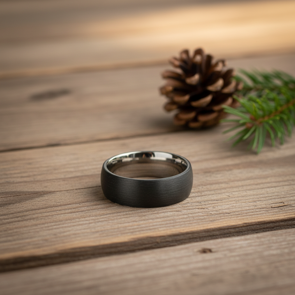 Matte black 8mm carbon fiber ring by Forge and Lumber, sleek design, engravable for special occasions.