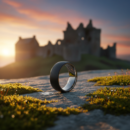 Forge & Lumber Monaco 8mm carbon fiber ring on mossy stone. Scottish ruins backdrop. Engravable aerospace grade.