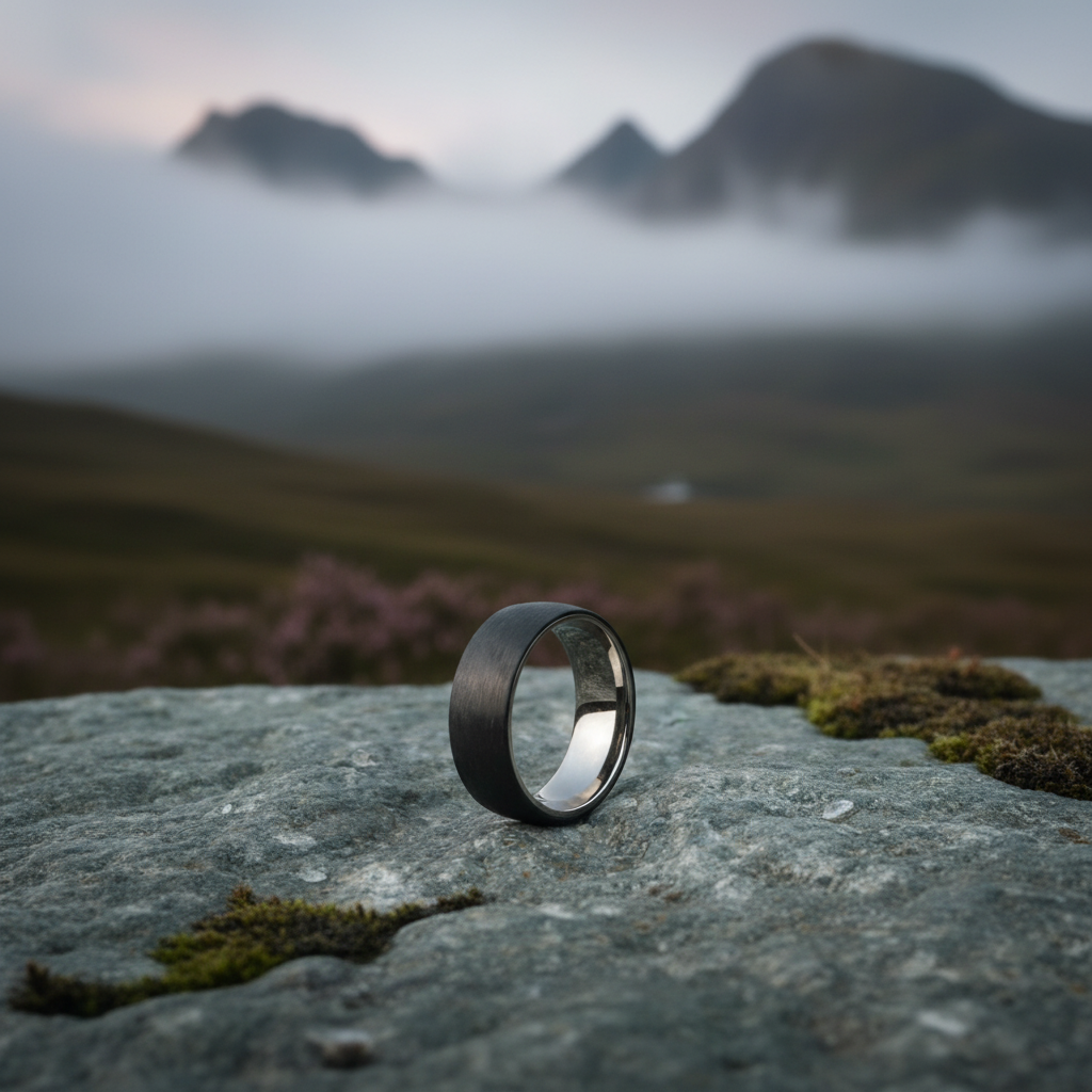 8mm black aerospace-grade carbon fiber ring by Forge and Lumber, with a sleek, modern design suitable for engravings.