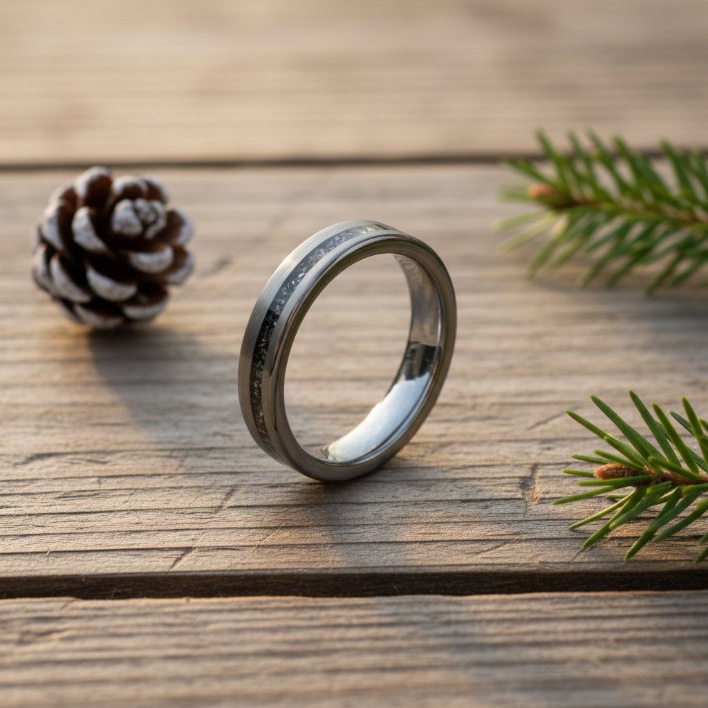 Silver 4mm wedding band from Forge and Lumber, featuring a polished finish, set on a wooden surface with pine accents.