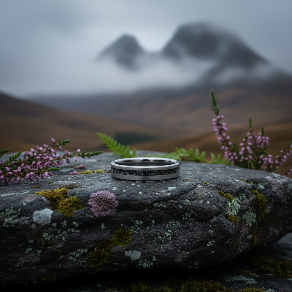 4mm black tungsten ring with brushed finish and silver accents by Forge and Lumber