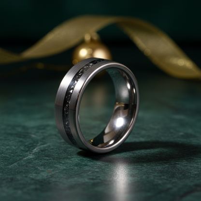 Nova 8mm cosmic ring by Forge and Lumber, featuring a durable design with a black inlay and silver finish.