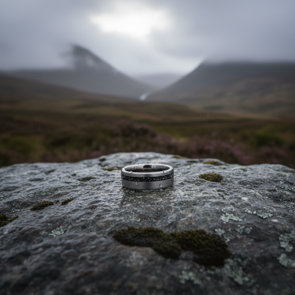 Forge and Lumber Nova ring, 8mm cosmic design, durable, engravable, set on a rocky outdoor surface.