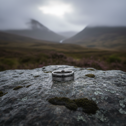 Forge and Lumber Nova ring, 8mm cosmic design, durable, engravable, set on a rocky outdoor surface.