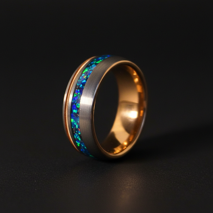 Artisan-made dual-tone wedding ring with blue-green opal inlay, by Forge and Lumber, size UK N / US 6.5.