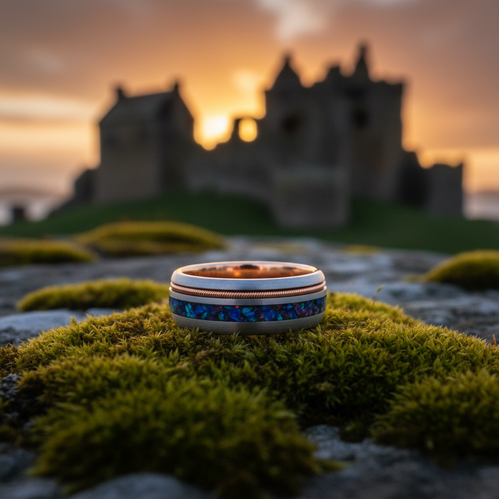 The Opal Bridge ring by Forge & Lumber on mossy stone. Artisan 8mm double-inlay ring.