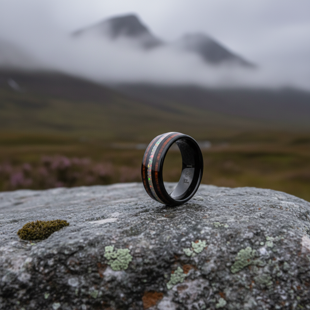 Black comfort-fit ring with double-inlay design, featuring an 8mm width, by Forge and Lumber.