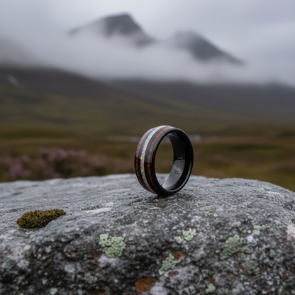 Black comfort-fit ring with double-inlay design, featuring an 8mm width, by Forge and Lumber.