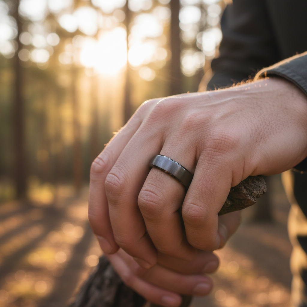 6mm alternative metal wedding band ring in a polished finish by Forge and Lumber, available in various sizes.