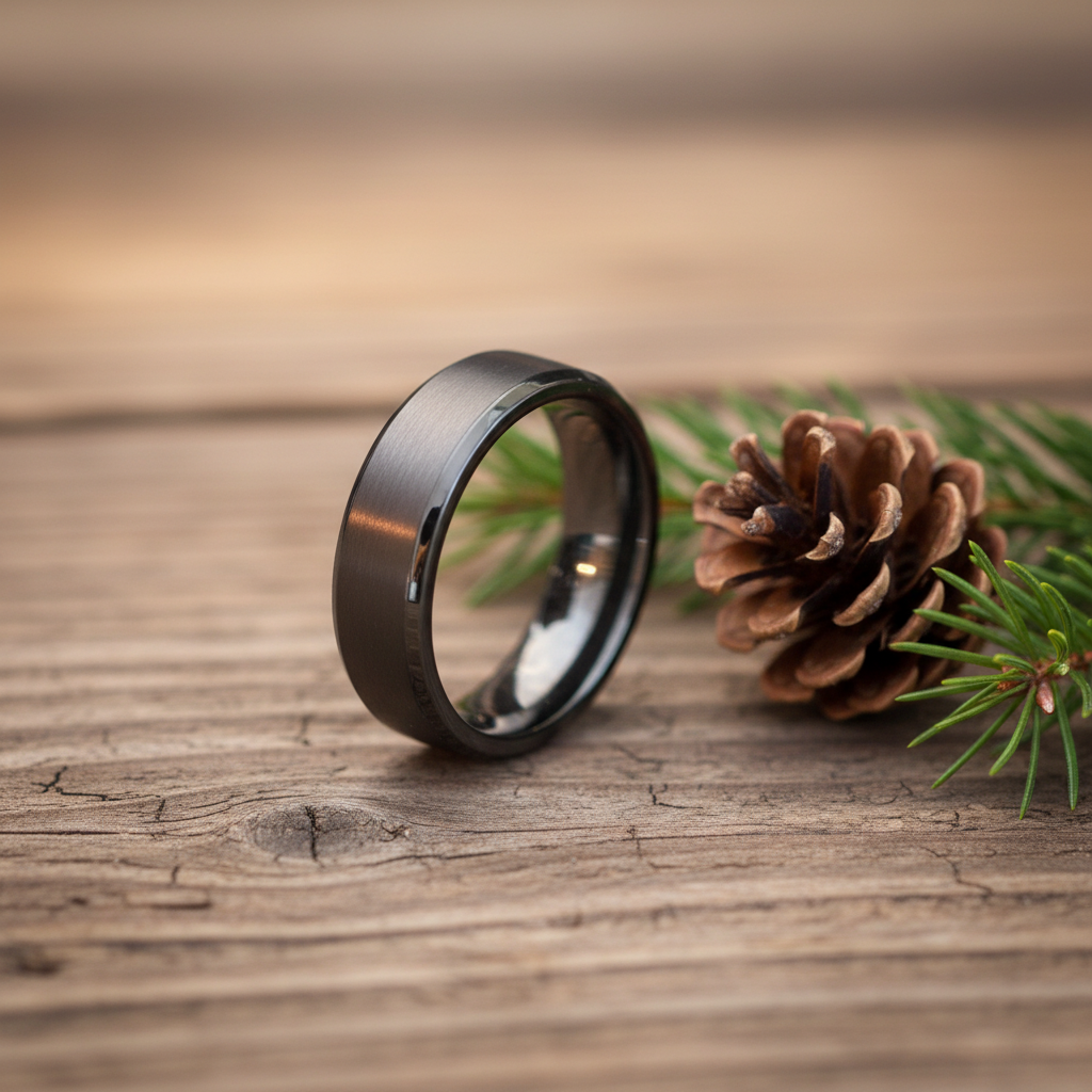 6mm alternative metal wedding band in polished finish by Forge and Lumber, available in sizes UK K to M.