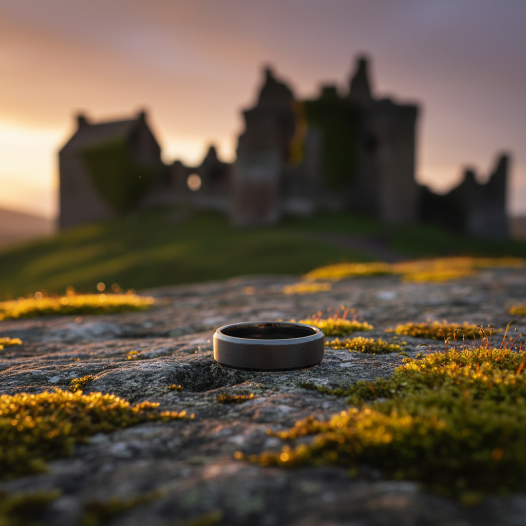 The Pango 6mm ring by Forge and Lumber on mossy stone. Scottish castle ruins backdrop.