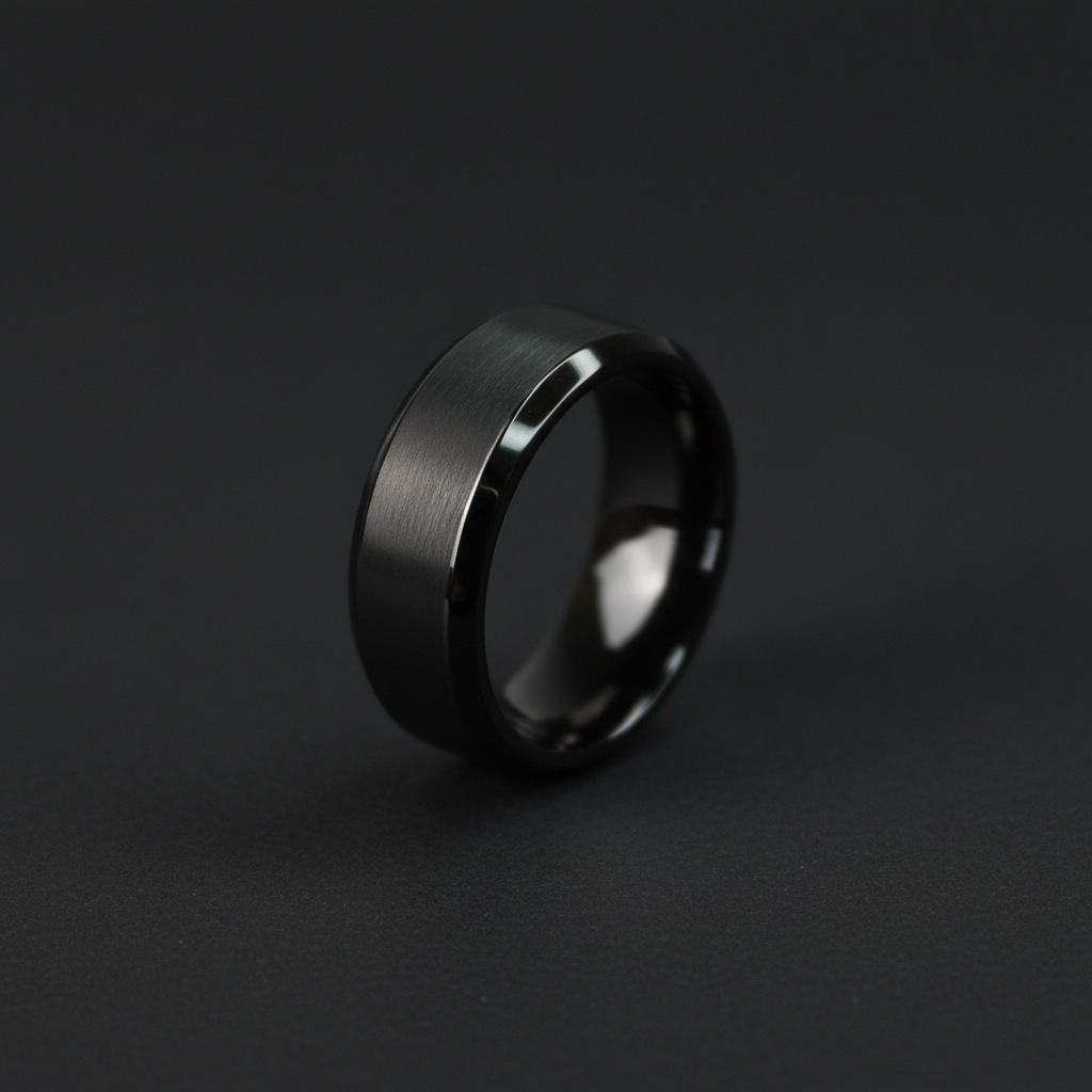 Black beveled 8mm ring in alternative metal by Forge and Lumber, sizes UK M to O available