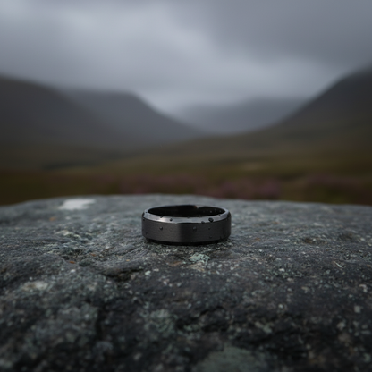 Black beveled 8mm ring in alternative metal by Forge and Lumber, available in sizes UK M, N, O.