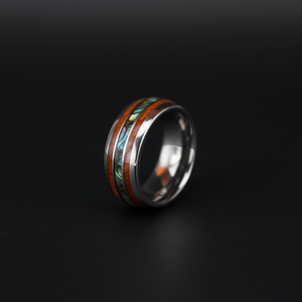 Black abalone ring with 8mm width, featuring colorful inlays, by Forge and Lumber. Available in sizes UK M, N, O.