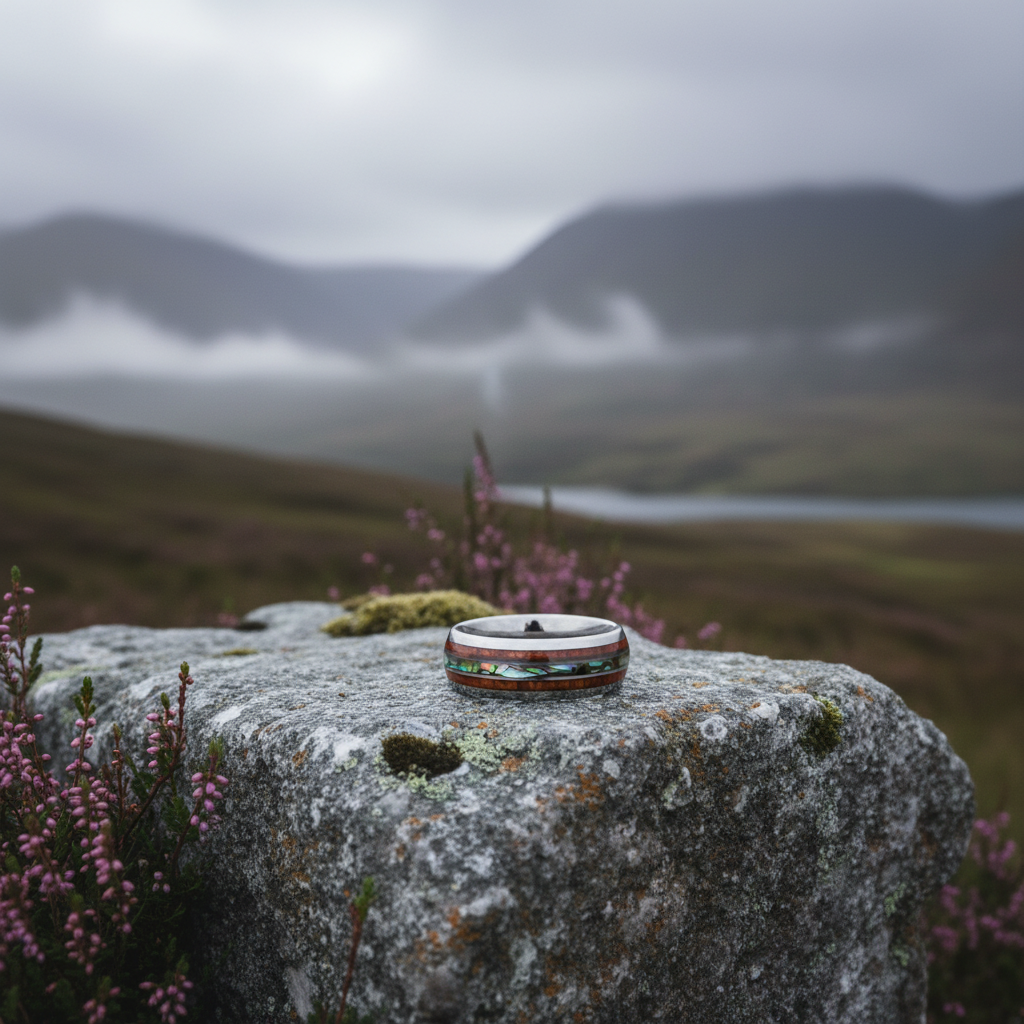 Black abalone ring by Forge and Lumber, 8mm width, available in UK M, N, O sizes.
