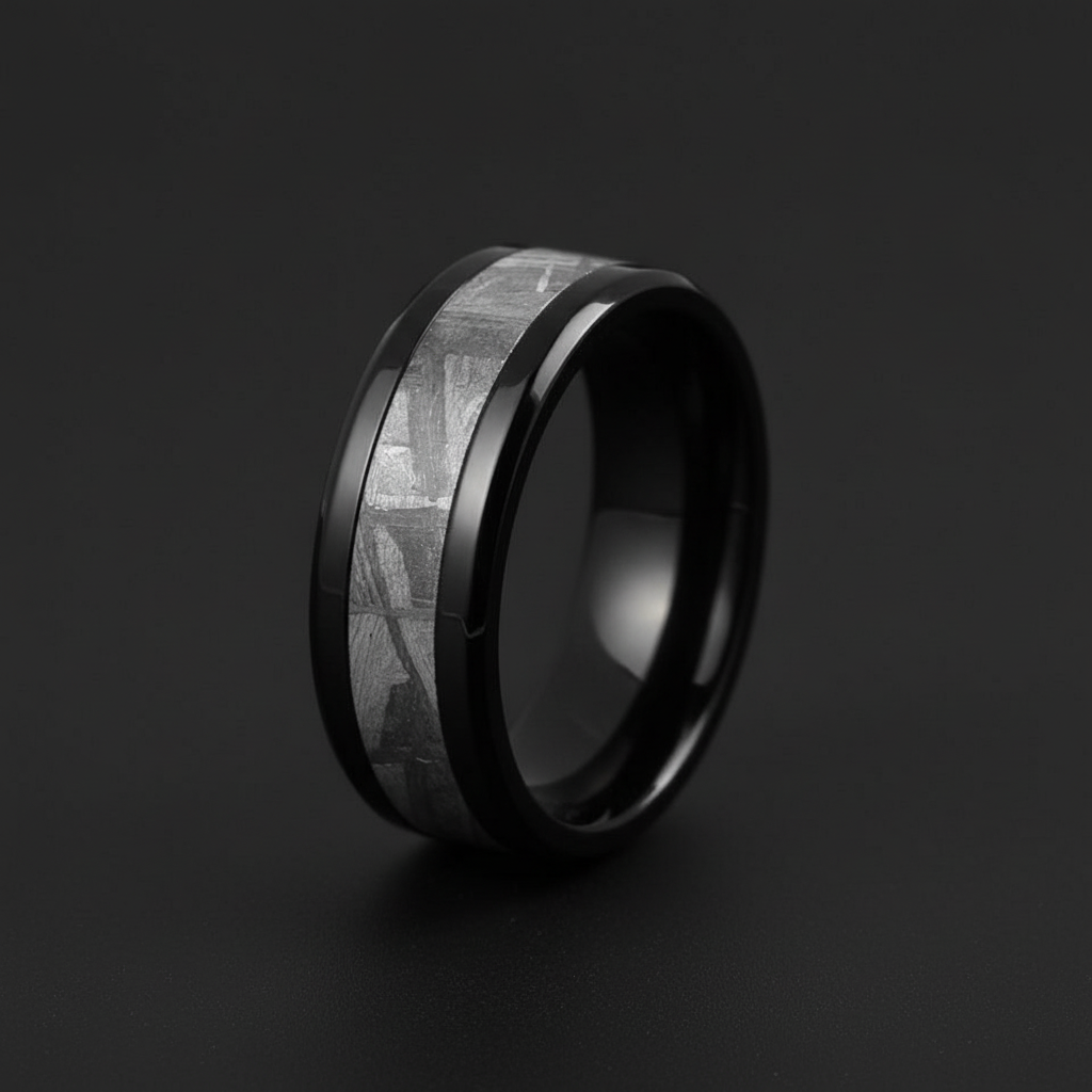 Black Zirconium ring with 8mm width and textured metallic inlay by Forge and Lumber.