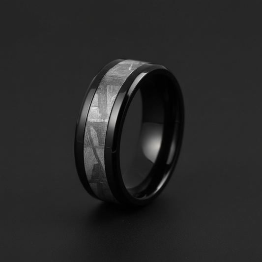 Black Zirconium ring with 8mm width and textured metallic inlay by Forge and Lumber.