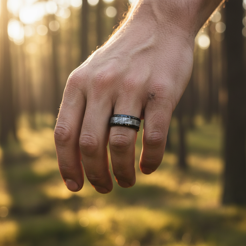 Black Zirconium ring from Forge and Lumber featuring an astronomy design, worn on a hand in a forest setting.