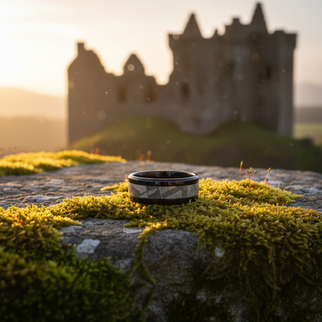 Forge & Lumber Pluto ring. Black Zirconium 8mm band on mossy stone. Scottish ruins background.