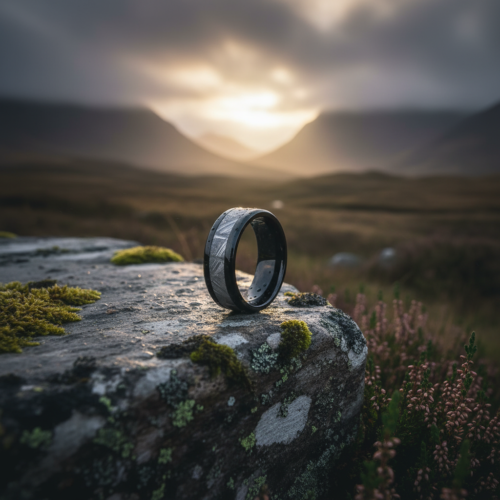 Black Zirconium ring by Forge and Lumber, 8mm, featuring an astronomy-inspired design, displayed outdoors.
