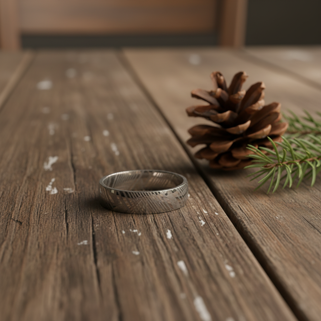 Damascus steel ring with artisan ripple design, size UK N / US 6.5, by Forge and Lumber.