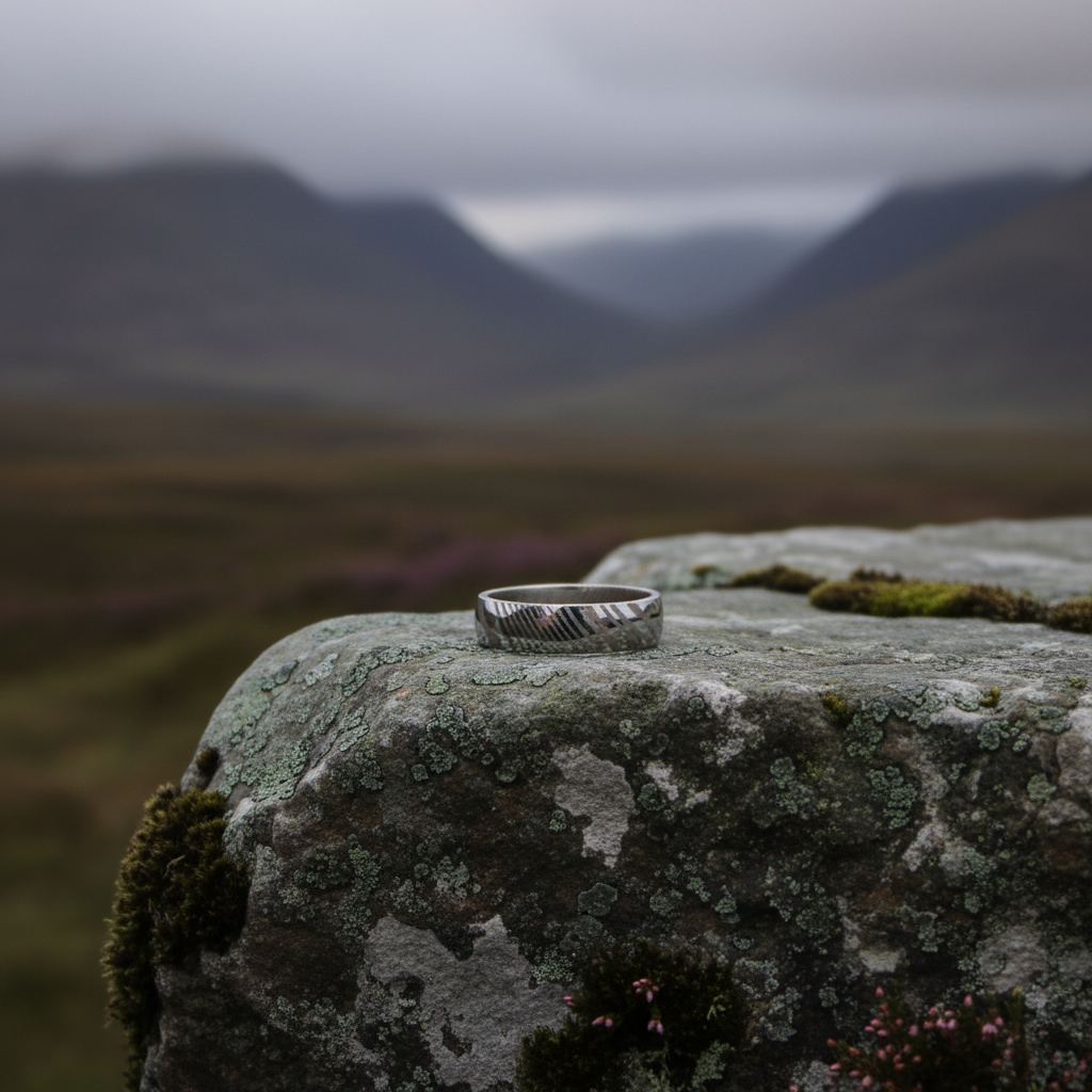 Damascus steel artisan ring by Forge and Lumber, featuring a unique ripple pattern, displayed on a rocky surface.