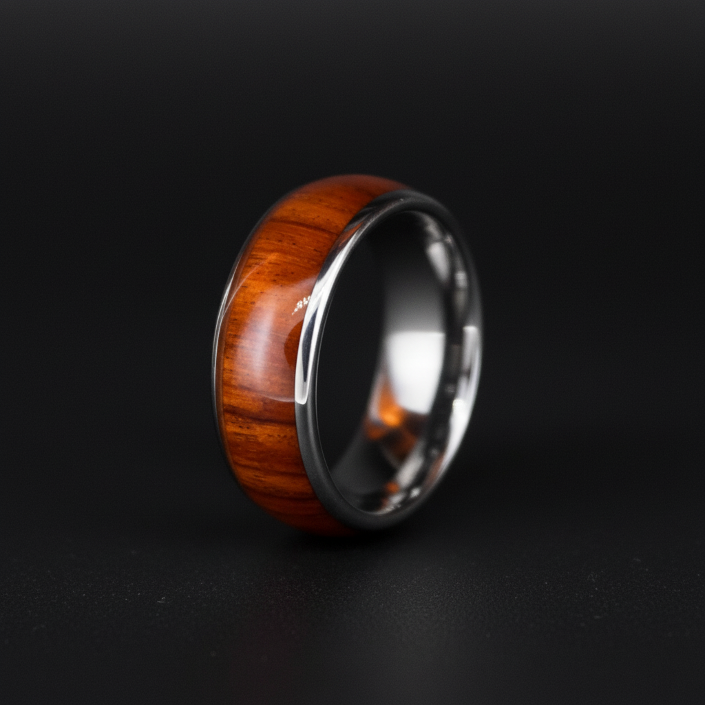 Engravable 8mm wood and stainless steel ring in a polished finish by Forge and Lumber. Available in sizes UK M, N, O.