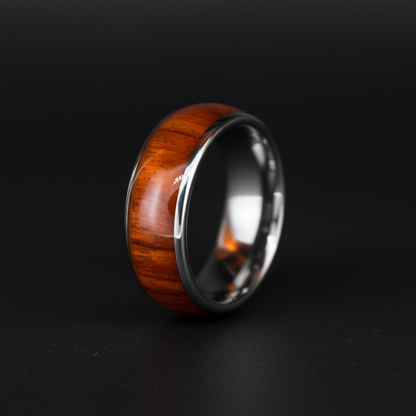 Engravable 8mm wood and stainless steel ring in a polished finish by Forge and Lumber. Available in sizes UK M, N, O.