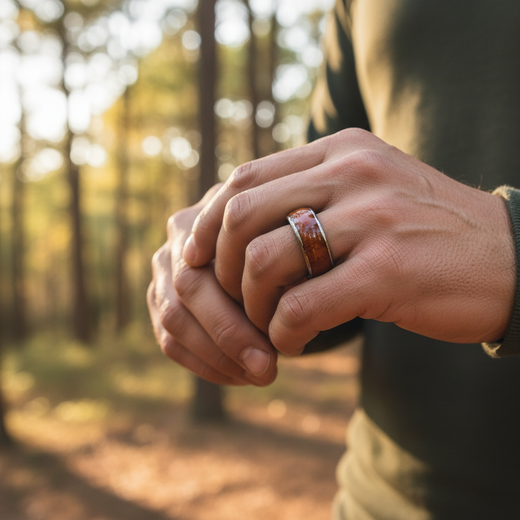 Engravable 8mm wooden ring by Forge and Lumber, showcasing a durable design, worn on a hand in a natural setting.