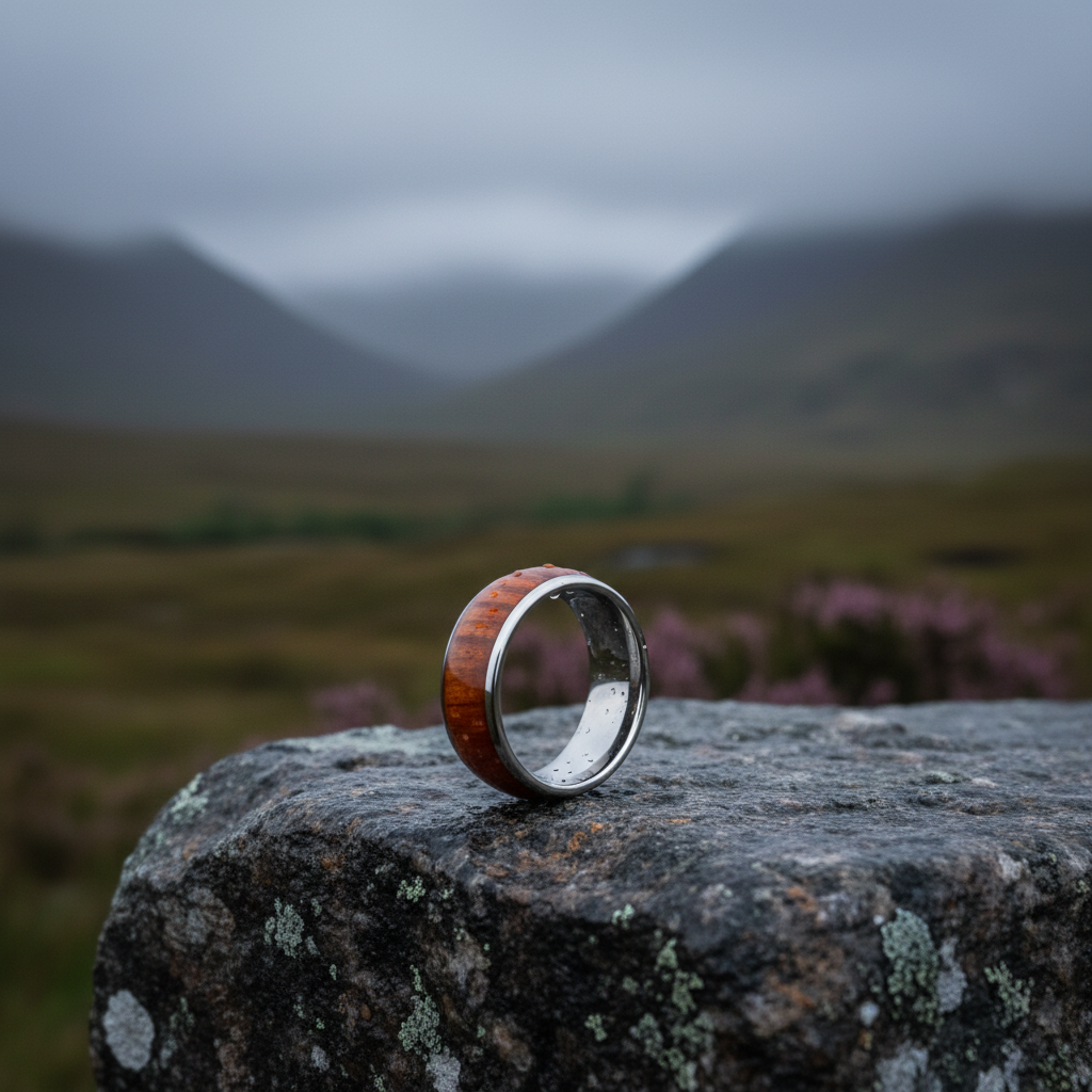 8mm wood and stainless steel ring, engravable, by Forge and Lumber, available in sizes UK M, N, O.